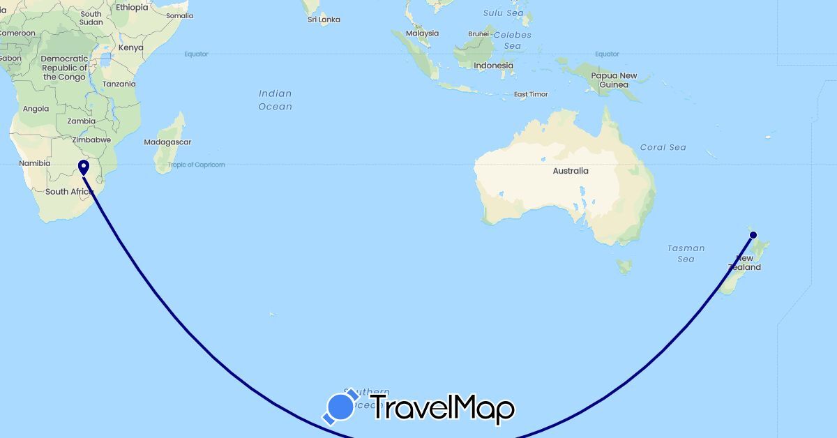 TravelMap itinerary: driving in New Zealand, South Africa (Africa, Oceania)